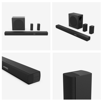 Cuatro vistas de un sistema de sonido Atmos negro. Incluye una barra de sonido, un subwoofer y tres altavoces pequeños.