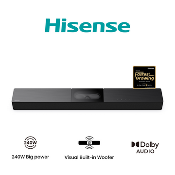 Barra de sonido Hisense negra con subwoofer integrado. Texto incluye 240W, 'Marca de más rápido crecimiento' y Dolby Audio.