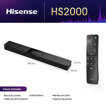 Barra de sonido Hisense negra y mando a distancia. Dimensiones: 800x90x60mm. Incluye cables y soporte de pared.
