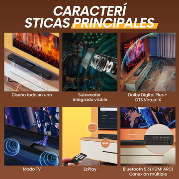 La imagen muestra una barra de sonido con características: diseño todo en uno, subwoofer visible, Dolby Digital, modo TV, EzPlay y múltiples conexiones.