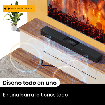 Una barra de sonido negra sobre un mueble de madera. Una planta y un televisor en el fondo. Texto: 'Diseño todo en uno'.