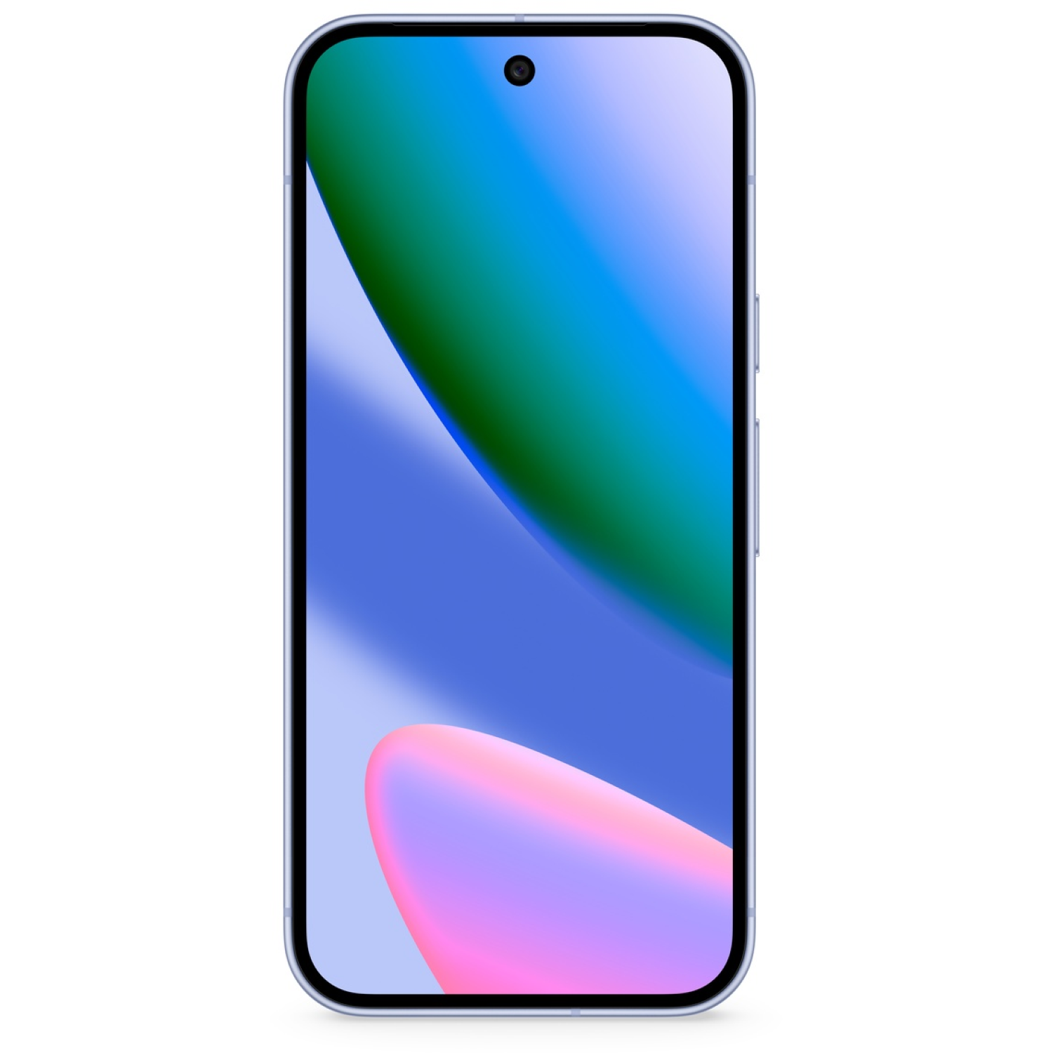 A smartphone with a colorful screen featuring blue, green, and pink gradients. The phone has a blue frame and a front-facing camera.