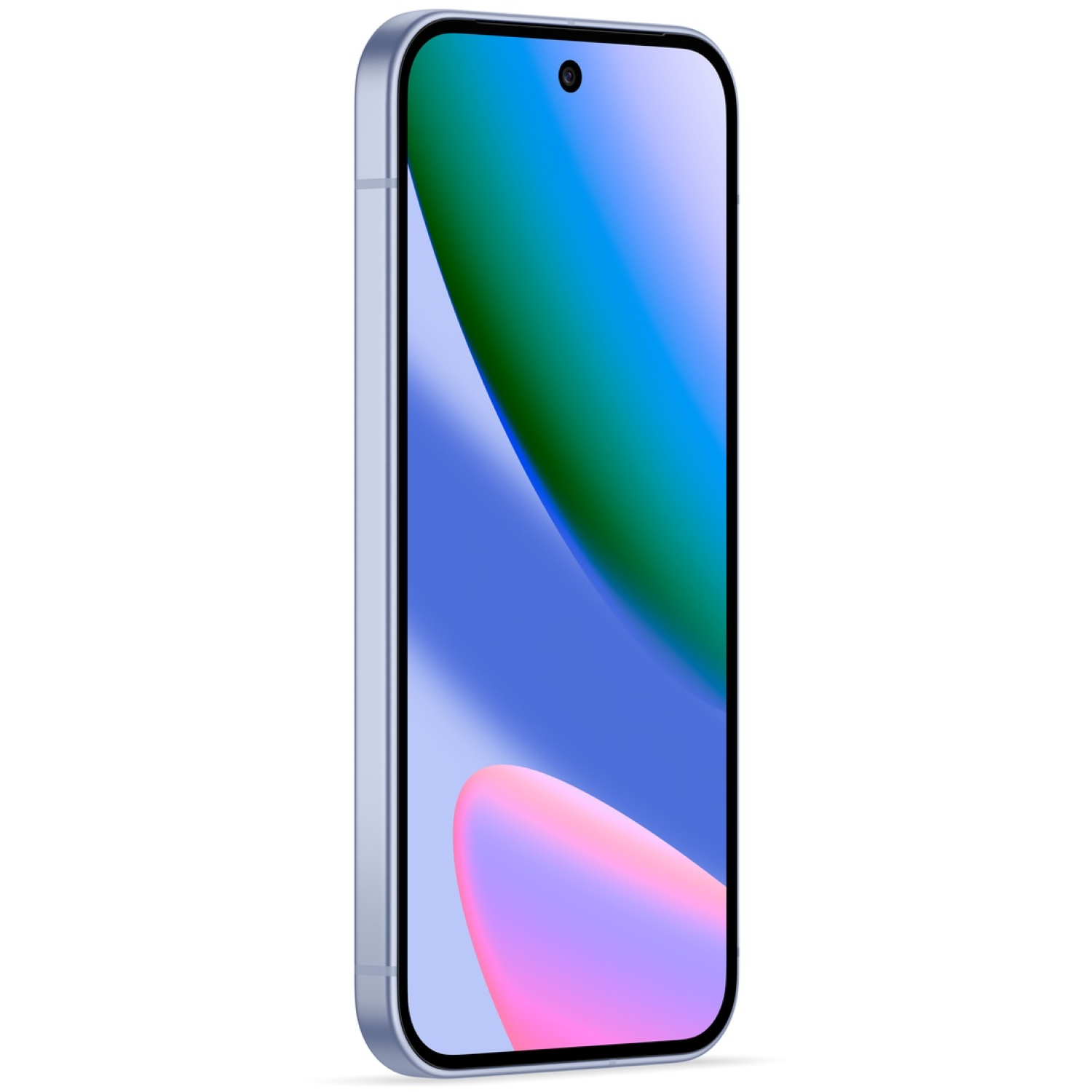 A light blue smartphone with a colorful gradient screen. The screen shows blue, green and pink hues. The background is white.