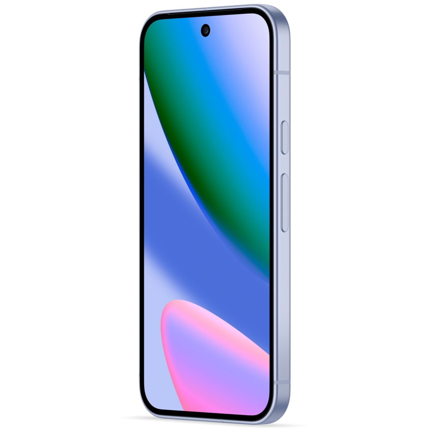 A blue smartphone with a curved screen, displaying a colorful abstract design. Power and volume buttons are visible on the side.