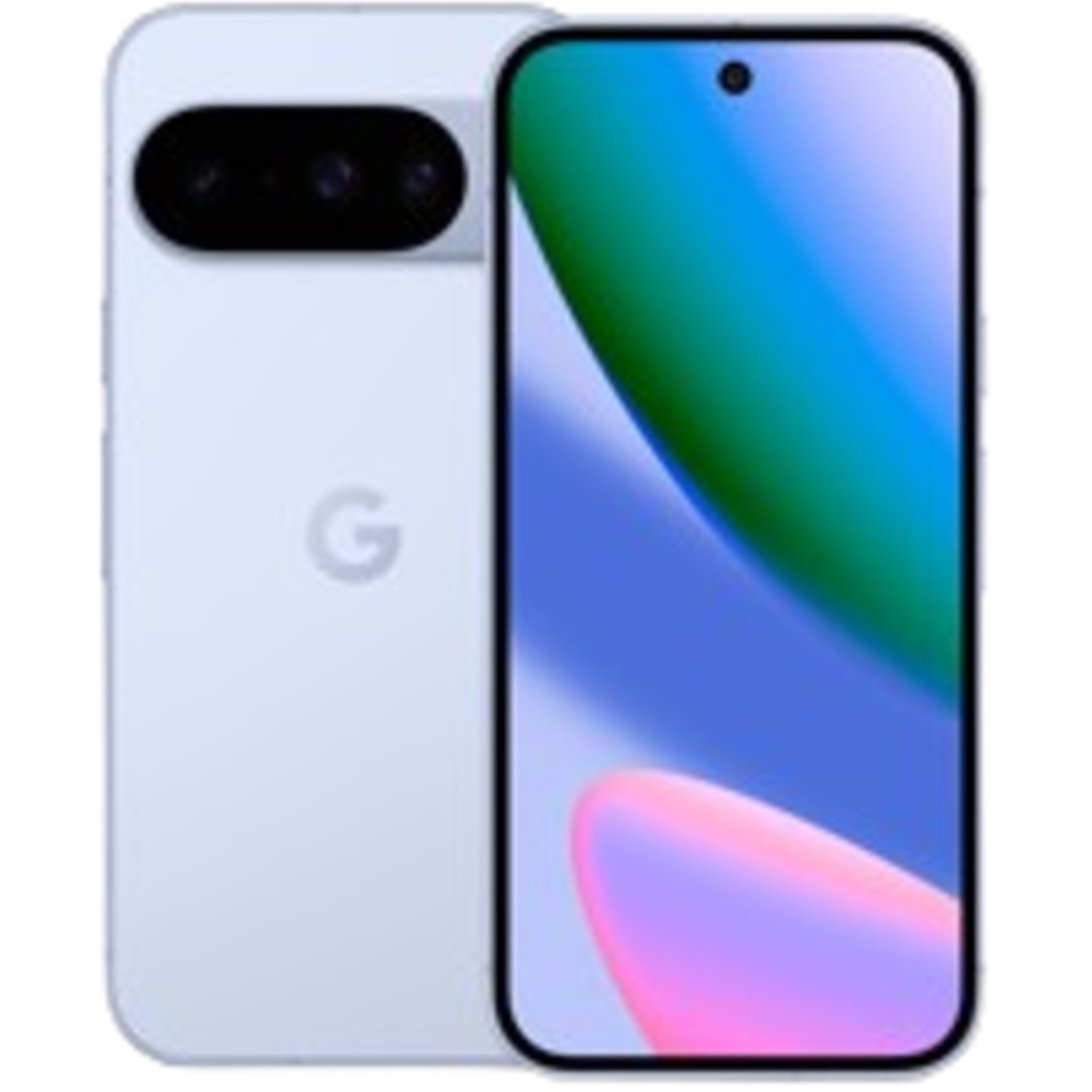 A light purple smartphone with a screen showing a colorful gradient. The phone has a camera bar and a Google logo on the back.