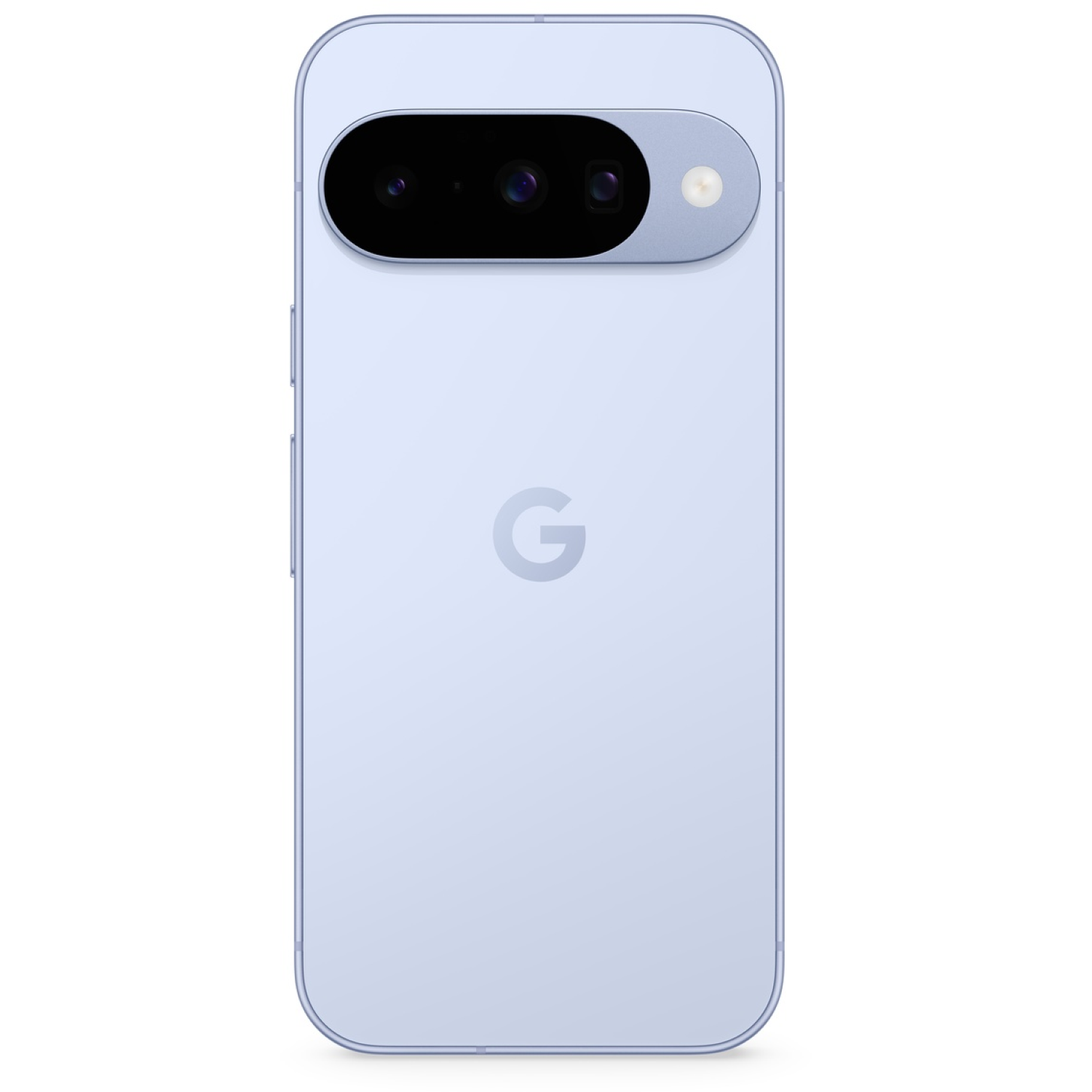 A light blue Google Pixel phone back. It has a black camera bar and a silver 'G' logo. The phone is on a white background.