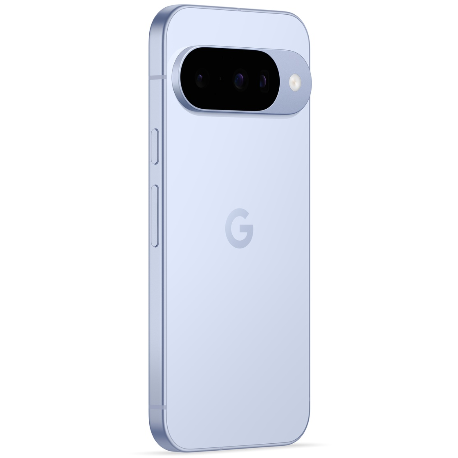 A light blue Google Pixel 7 phone. It has a camera bar with three lenses. The Google 'G' logo is visible on the back.