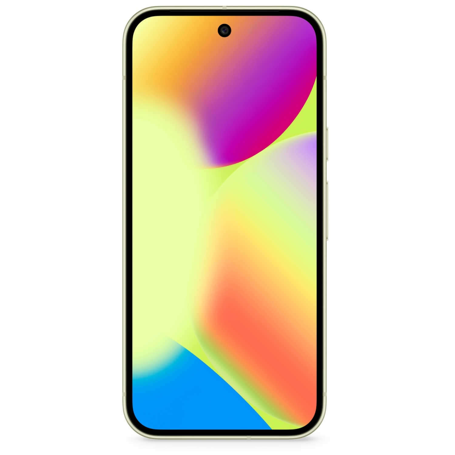 A smartphone with a colorful gradient display. The screen shows a blend of purple, orange, yellow, and blue hues. It has a camera.