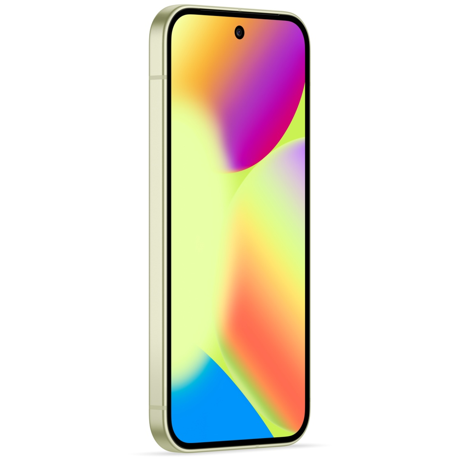 A smartphone with a colorful gradient display. The phone is light green and has a black border. The background is white.