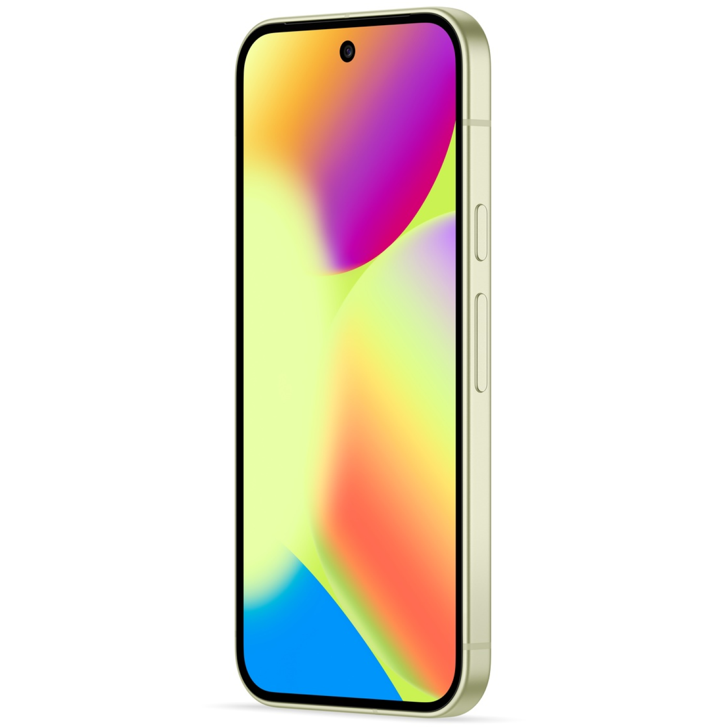 A golden smartphone is on a white background. The screen shows a colorful gradient. The phone has a black border and a camera at the top.