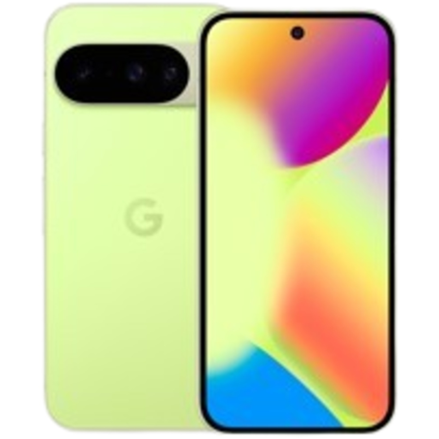 A light green smartphone with a colorful display. The phone has a black camera bar and a Google logo on the back.