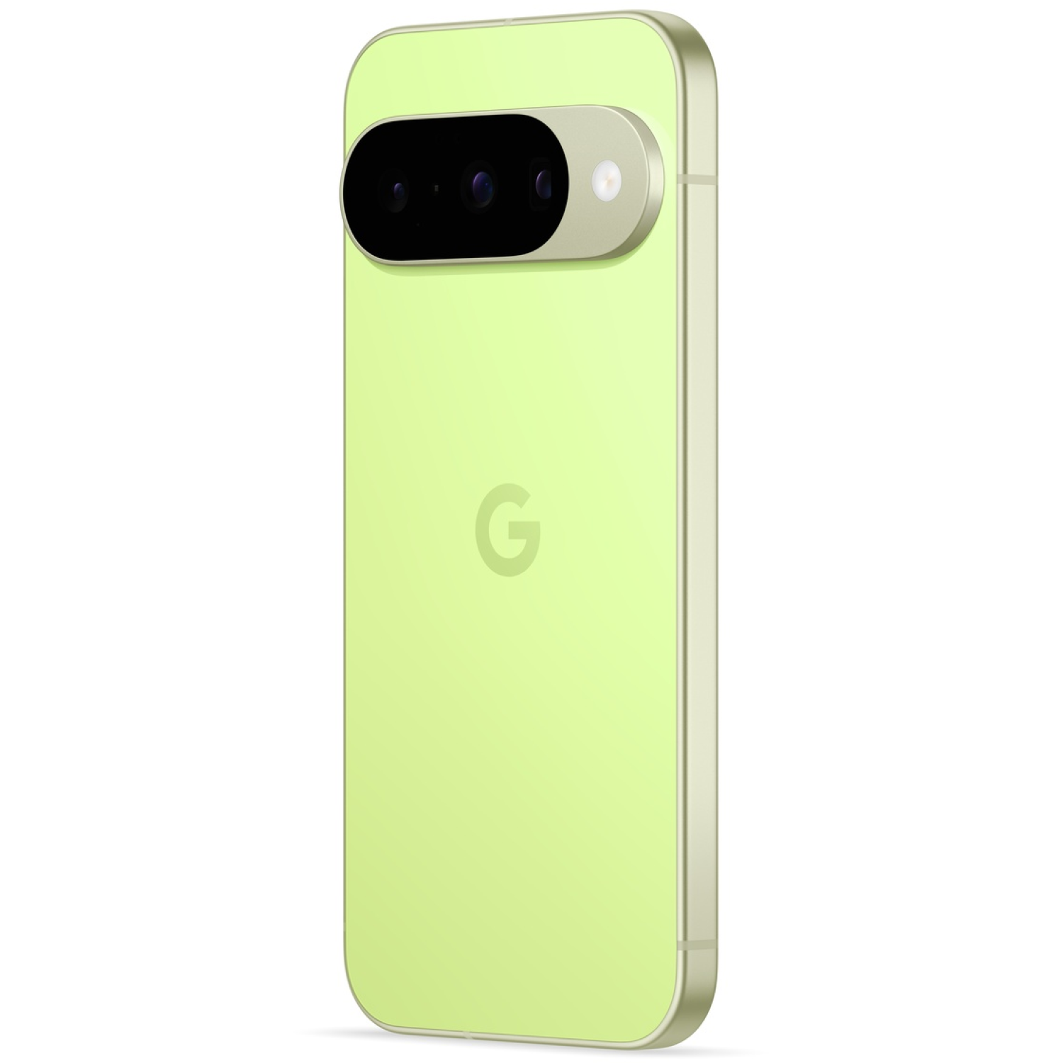 A green Google Pixel 7 phone. It has a camera bar with three lenses and a 'G' logo on the back.
