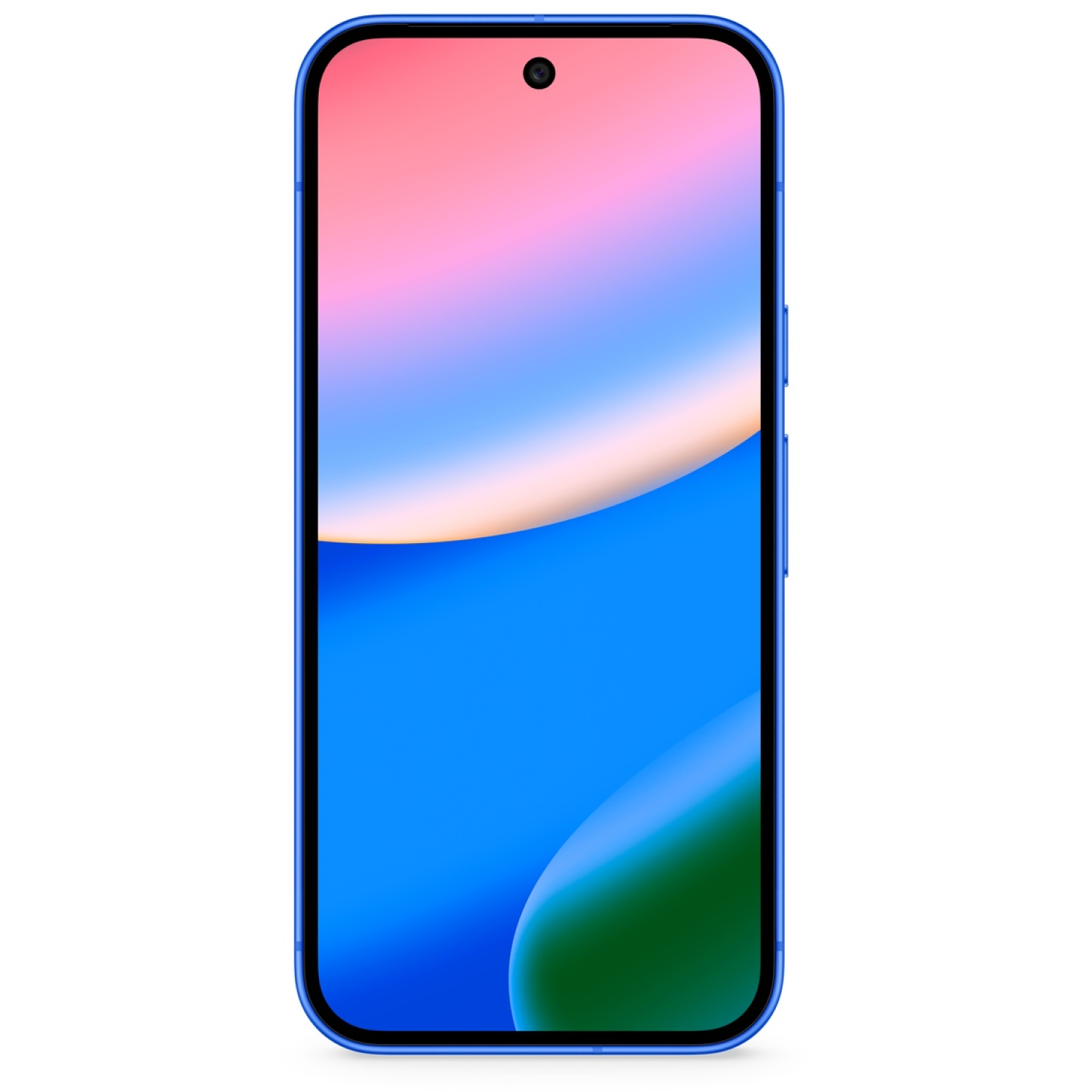 Een blauwe smartphone met een kleurrijk scherm. Het scherm toont een verloop van roze, blauw en groen, en een zwarte camera bovenaan.