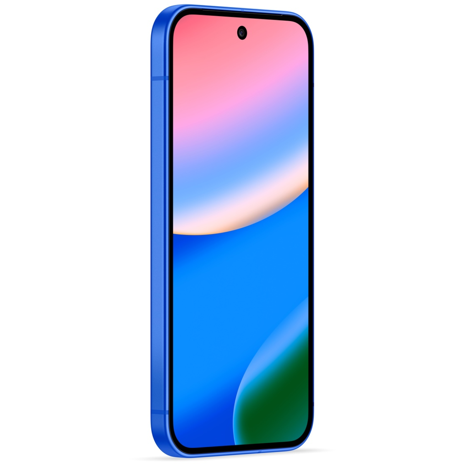 Een blauwe smartphone met een kleurrijk scherm, met roze, blauwe en groene verlopen. De telefoon staat op een witte achtergrond.
