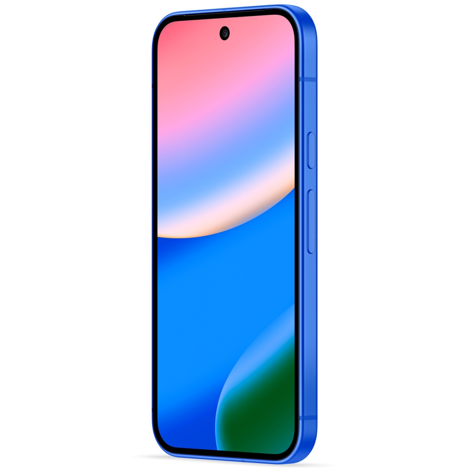 Een blauwe smartphone met een scherm dat een verloop van roze, blauw en groen toont. Het heeft een camera aan de voorkant en volumeknoppen.