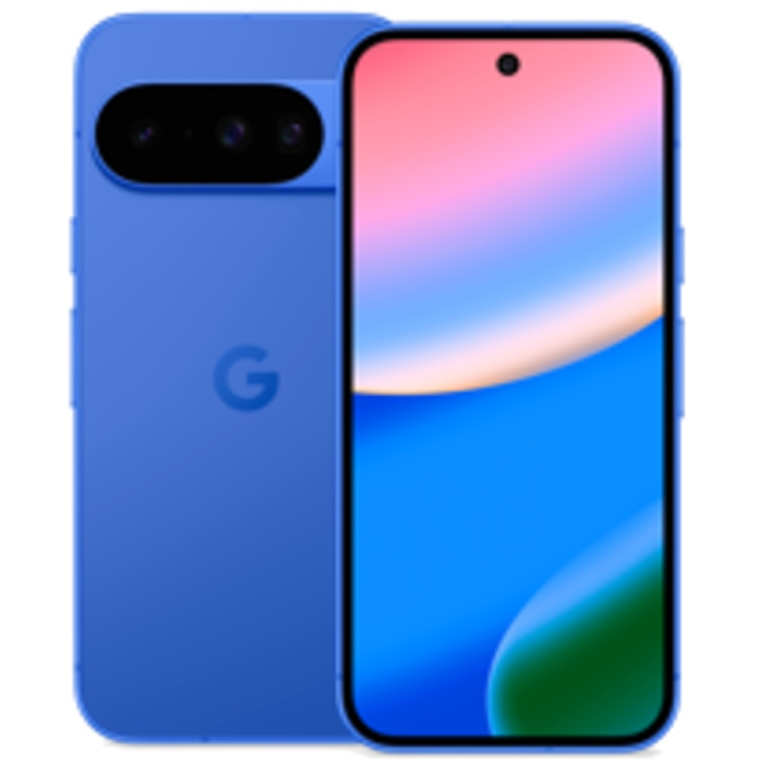 Blauwe smartphone met een scherm met een kleurverloop. De telefoon heeft een drievoudige camera en het Google logo.