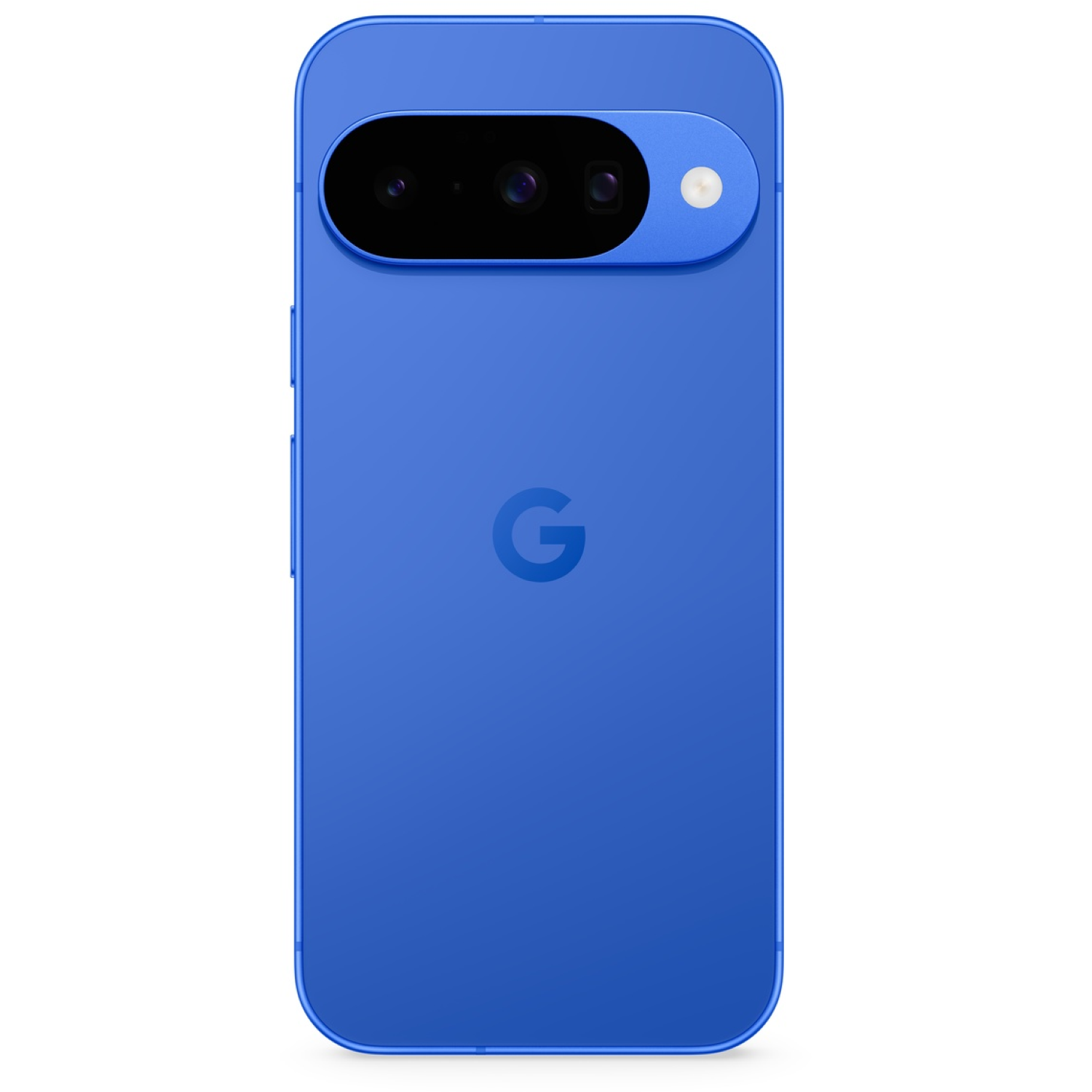 Een blauwe smartphone met een zwarte camerabalk en een Google-logo. De balk heeft drie lenzen en een flitser.
