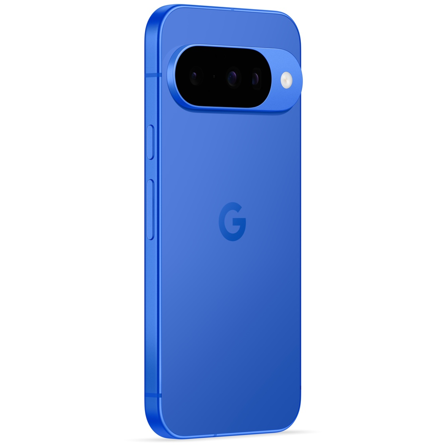 Een blauwe smartphone met een camerabalk wordt getoond. Het Google-logo is zichtbaar op de achterkant.