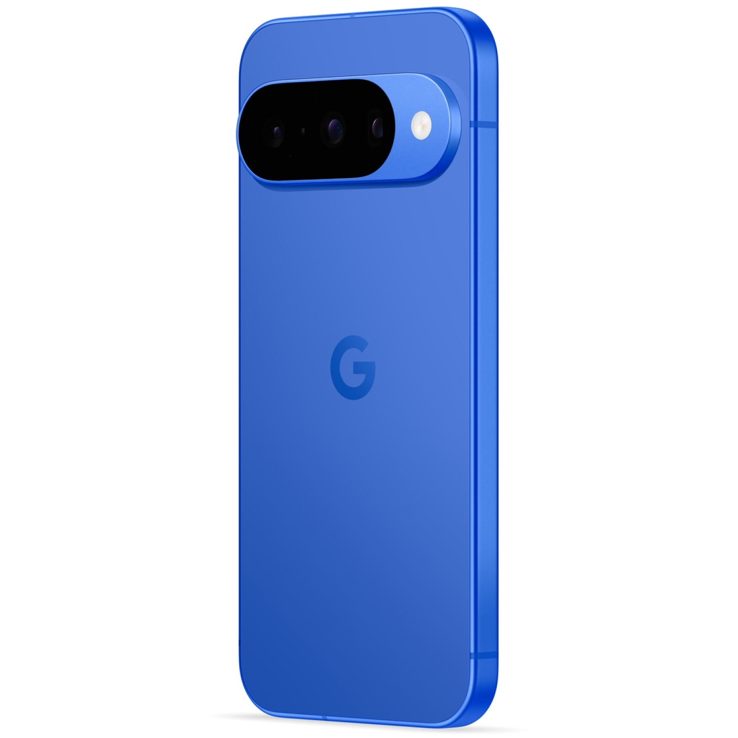 Een blauwe smartphone met een zwarte camerabalk en een witte cameralens. Het Google 'G'-logo is zichtbaar.
