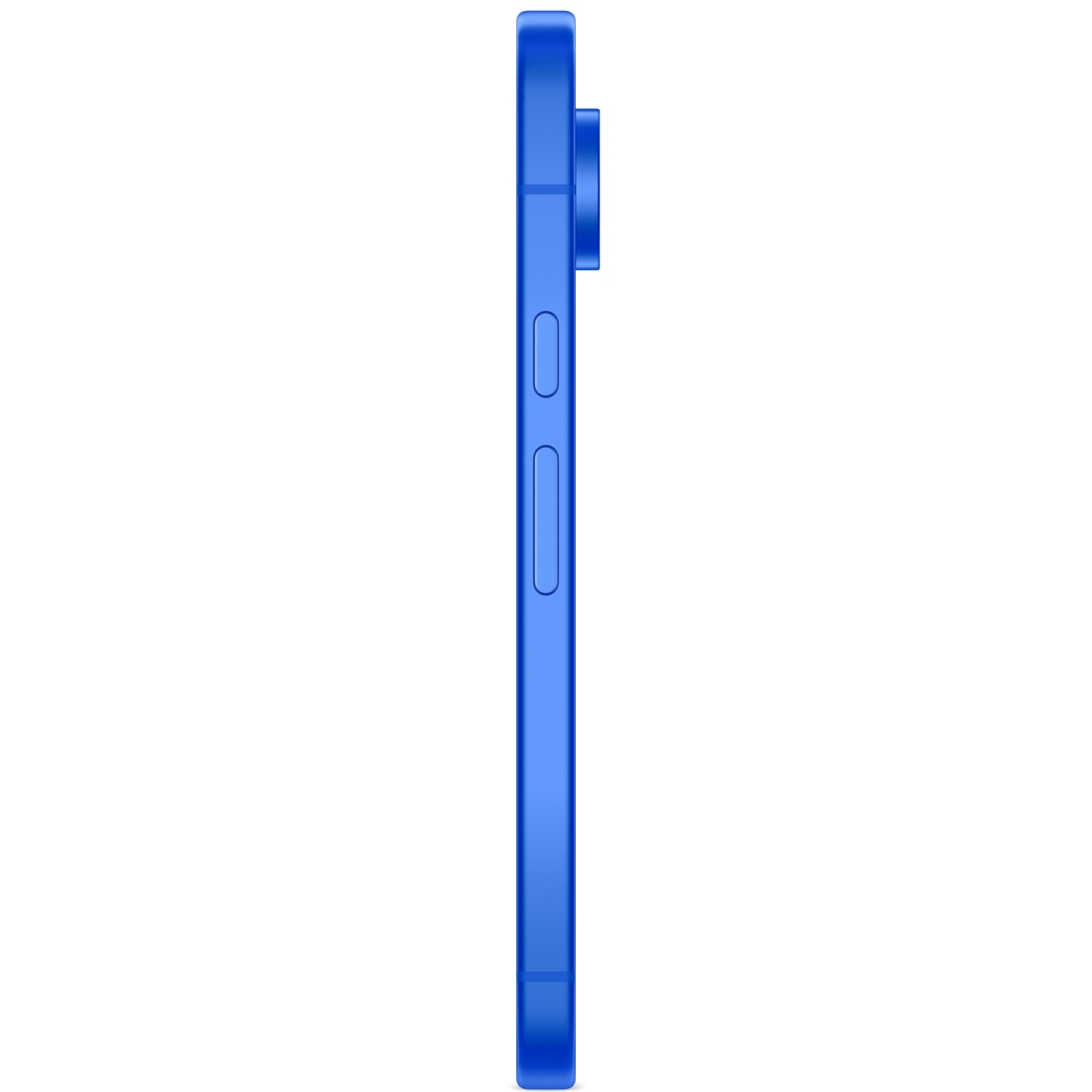 Een blauwe smartphone wordt in profiel getoond. Knoppen zijn zichtbaar aan de zijkant en een cameralens bevindt zich bovenaan. De achtergrond is wit.