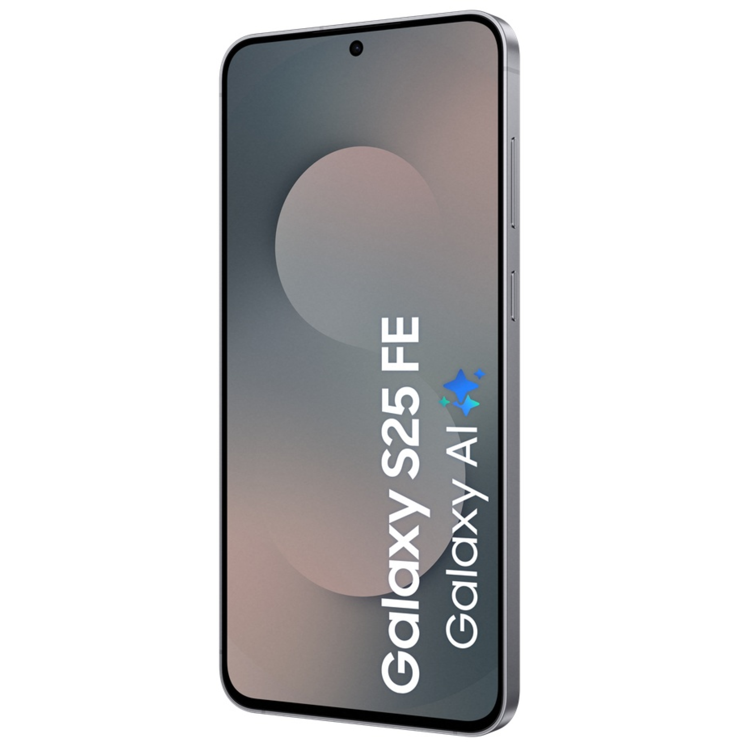 Un smartphone argenté est affiché. L'écran affiche un dégradé avec les mots 'Galaxy S25 FE Galaxy AI'.