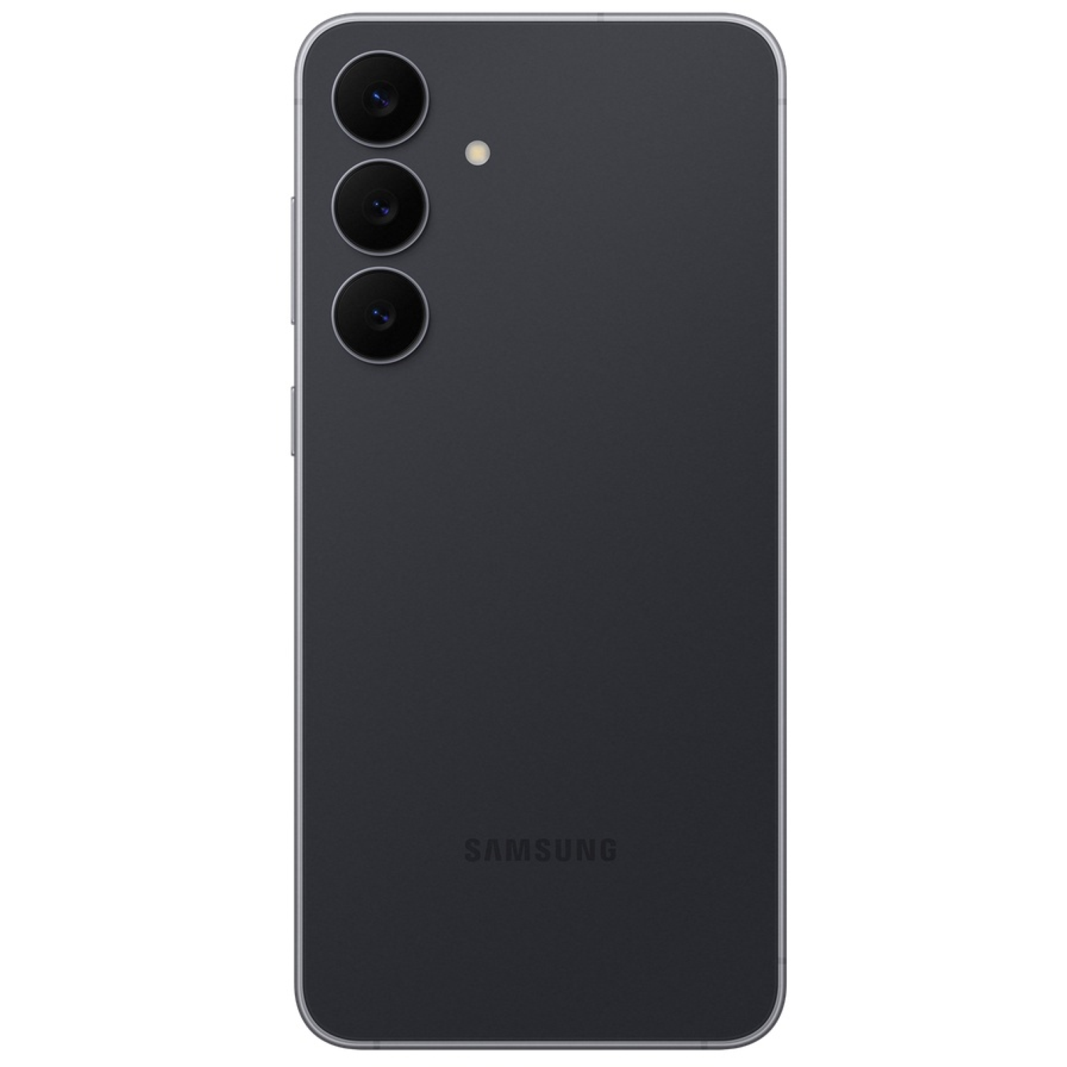 Arrière d'un smartphone Samsung gris foncé. Il possède trois objectifs et un flash. Le logo Samsung est en bas.