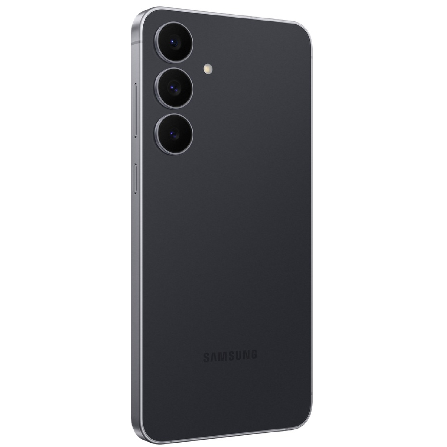 Un smartphone Samsung gris foncé avec trois lentilles de caméra, un flash et le logo Samsung. Le téléphone a un cadre argenté.