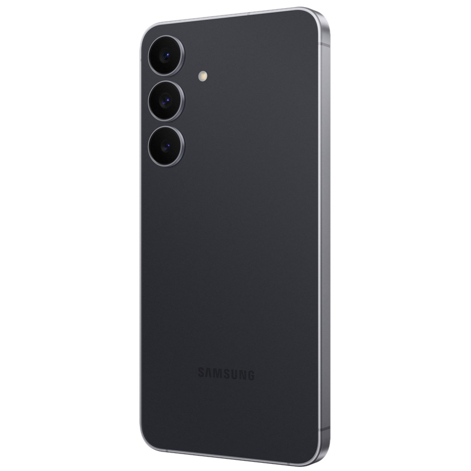 Un smartphone gris foncé avec trois objectifs et un flash. Le téléphone a un cadre argenté et le logo Samsung.