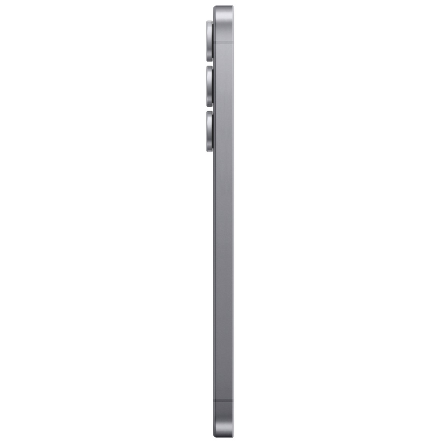 Vue latérale d'un smartphone gris. Trois lentilles de caméra circulaires sont visibles. Le bord du téléphone est lisse, avec une finition brillante.
