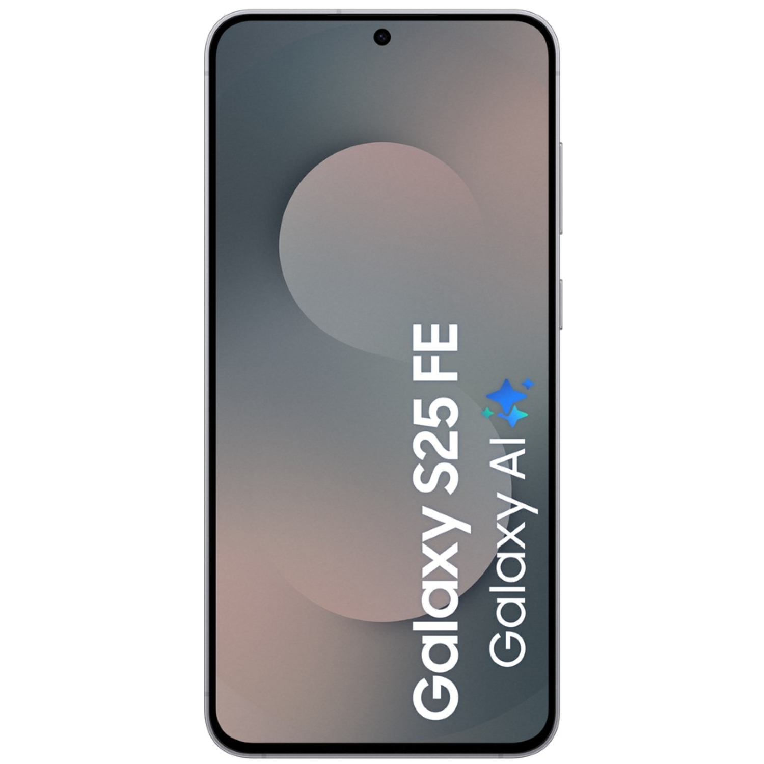 A smartphone mockup displays 'Galaxy S25 FE' and 'Galaxy AI' vertically, with a gradient background and a front-facing camera.