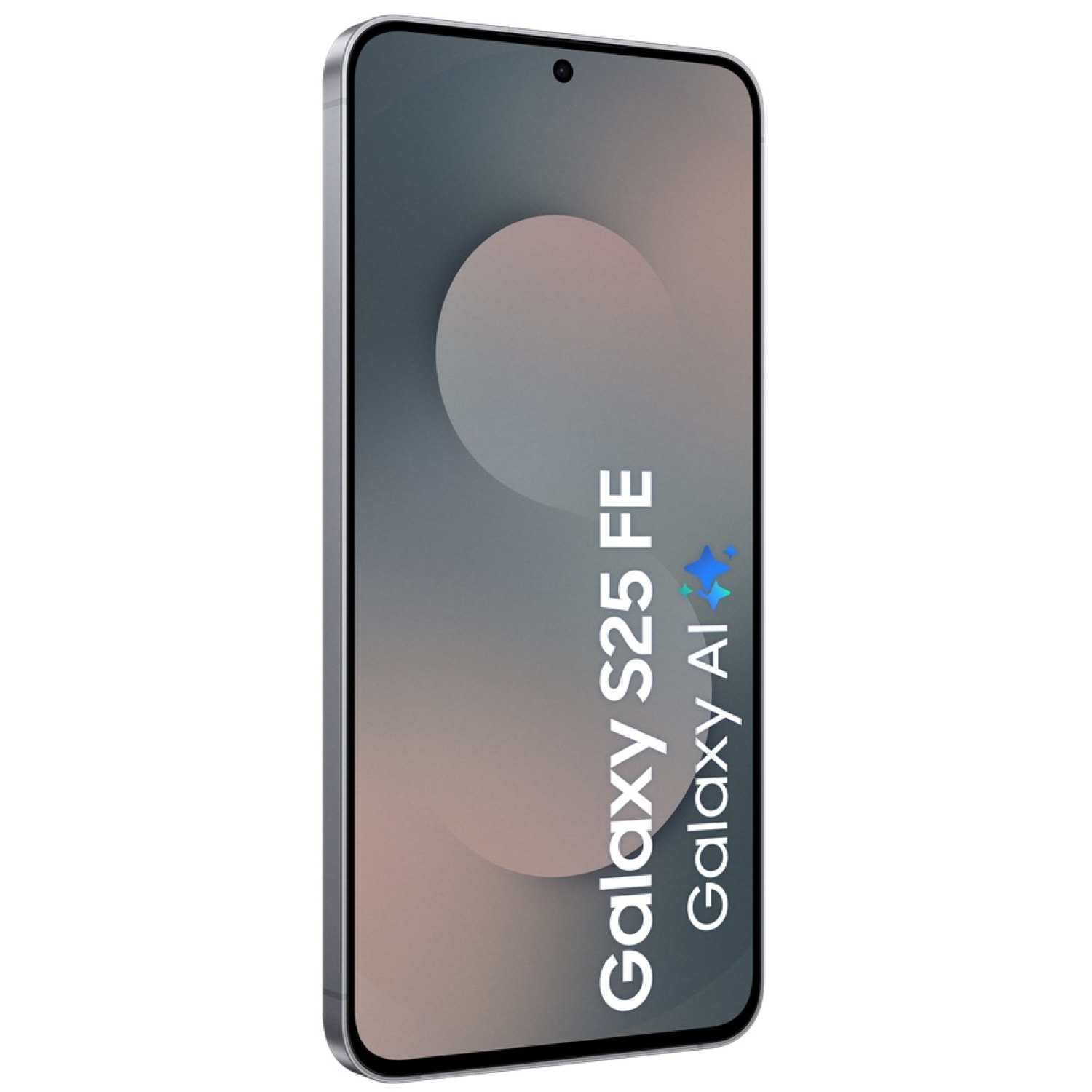 A smartphone with a silver frame and a display showing a gradient background and the words 'Galaxy S25 FE Galaxy AI'.