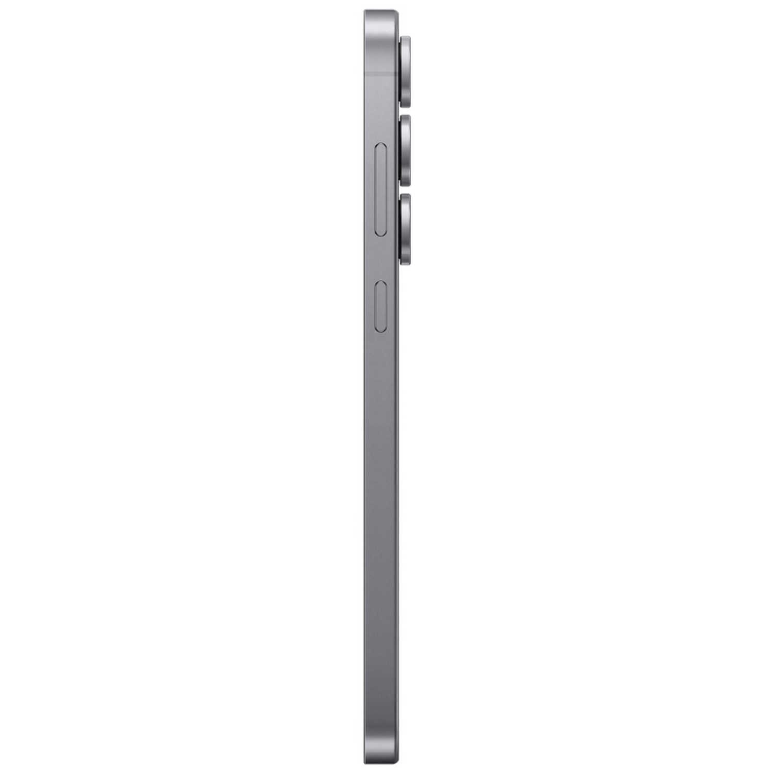 A side view of a gray smartphone. It has three camera lenses and two buttons on the side. The background is white.