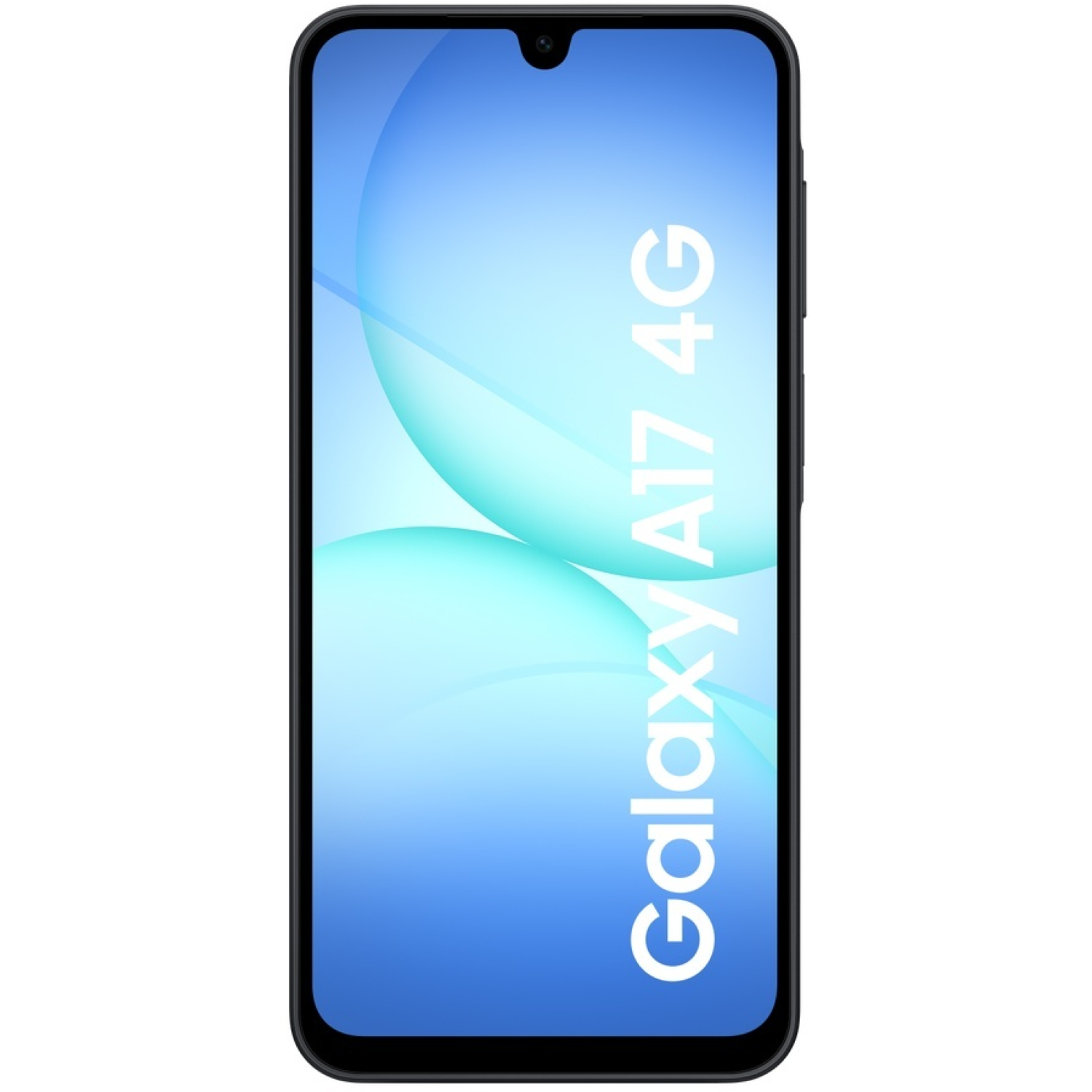 Un smartphone, Galaxy A17 4G, est affiché. L'écran affiche un dégradé bleu avec du texte blanc et une caméra frontale.