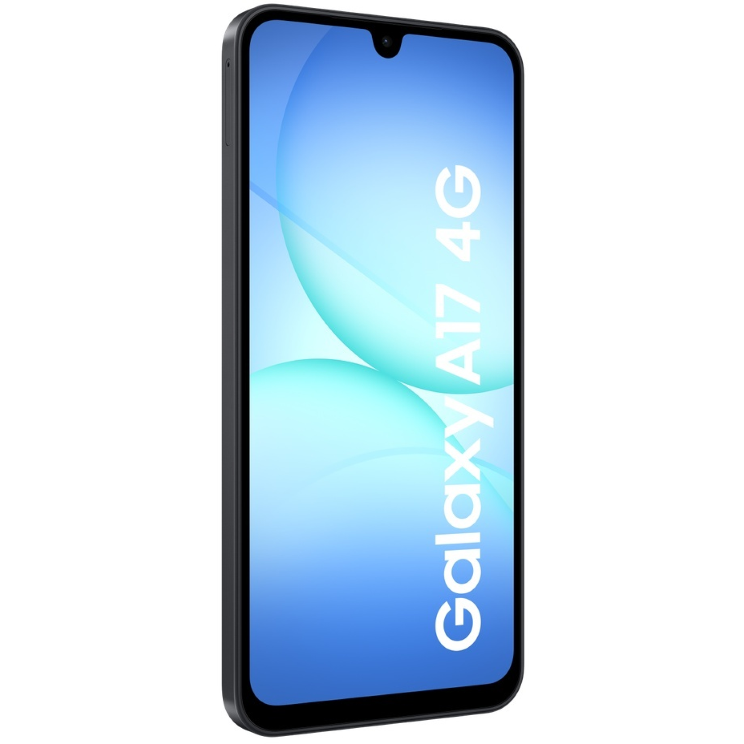 Un smartphone noir Galaxy A17 4G. L'écran affiche des cercles en dégradé bleu. Texte blanc 'Galaxy A17 4G' sur l'écran.