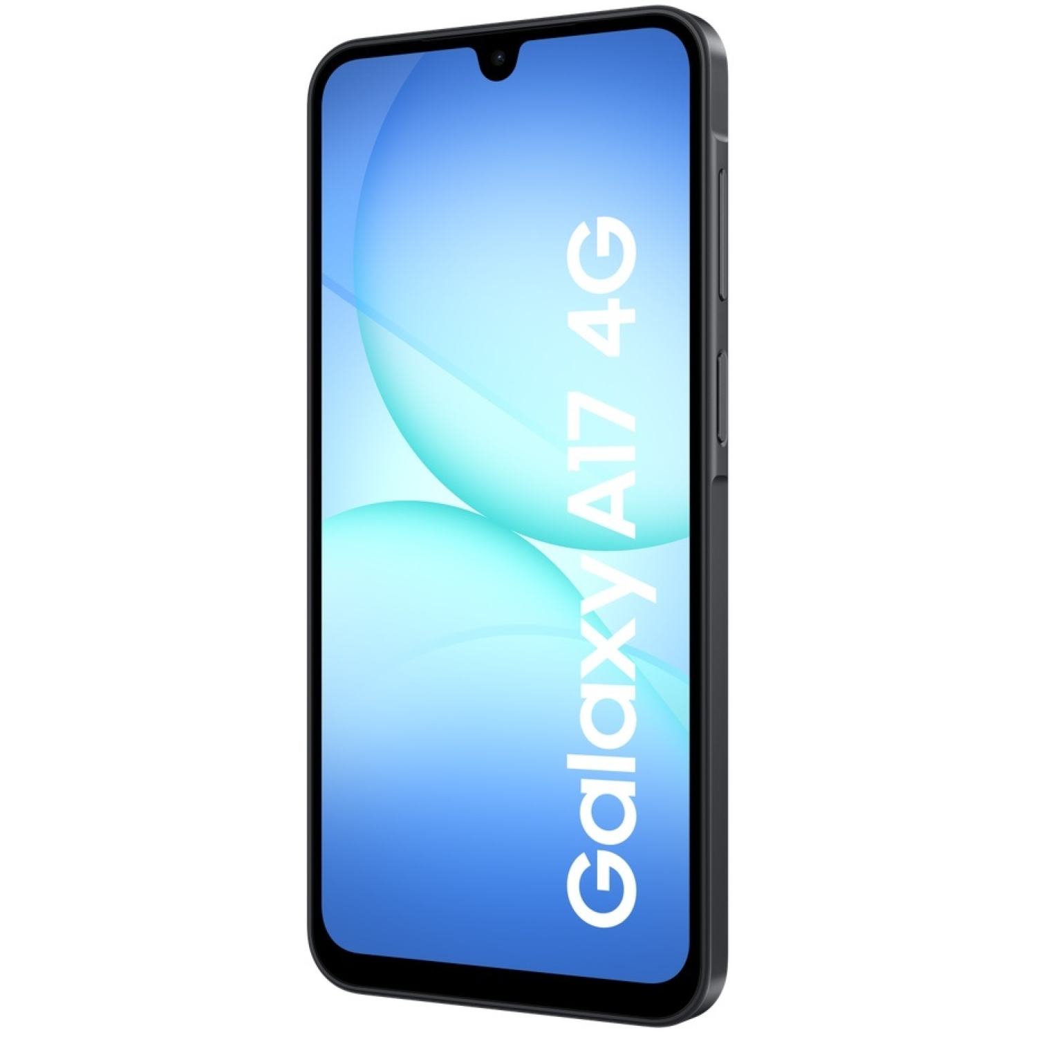 Un smartphone noir Samsung Galaxy A17 4G, vue en angle. L'écran affiche un dégradé bleu et le nom du téléphone.