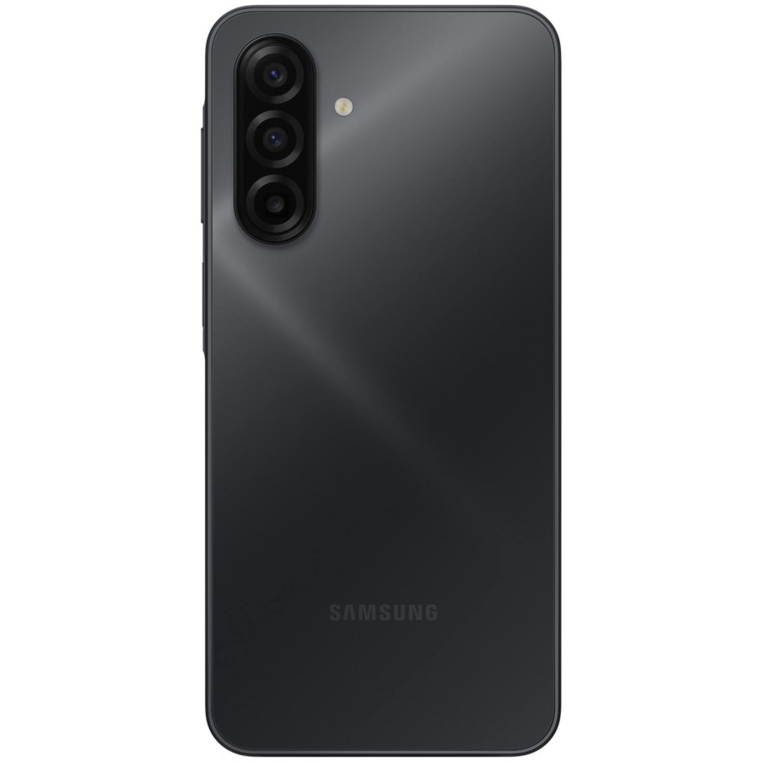 Dos de smartphone noir. Caméra triple verticale, flash et logo Samsung. Coins arrondis et finition dégradée lisse.