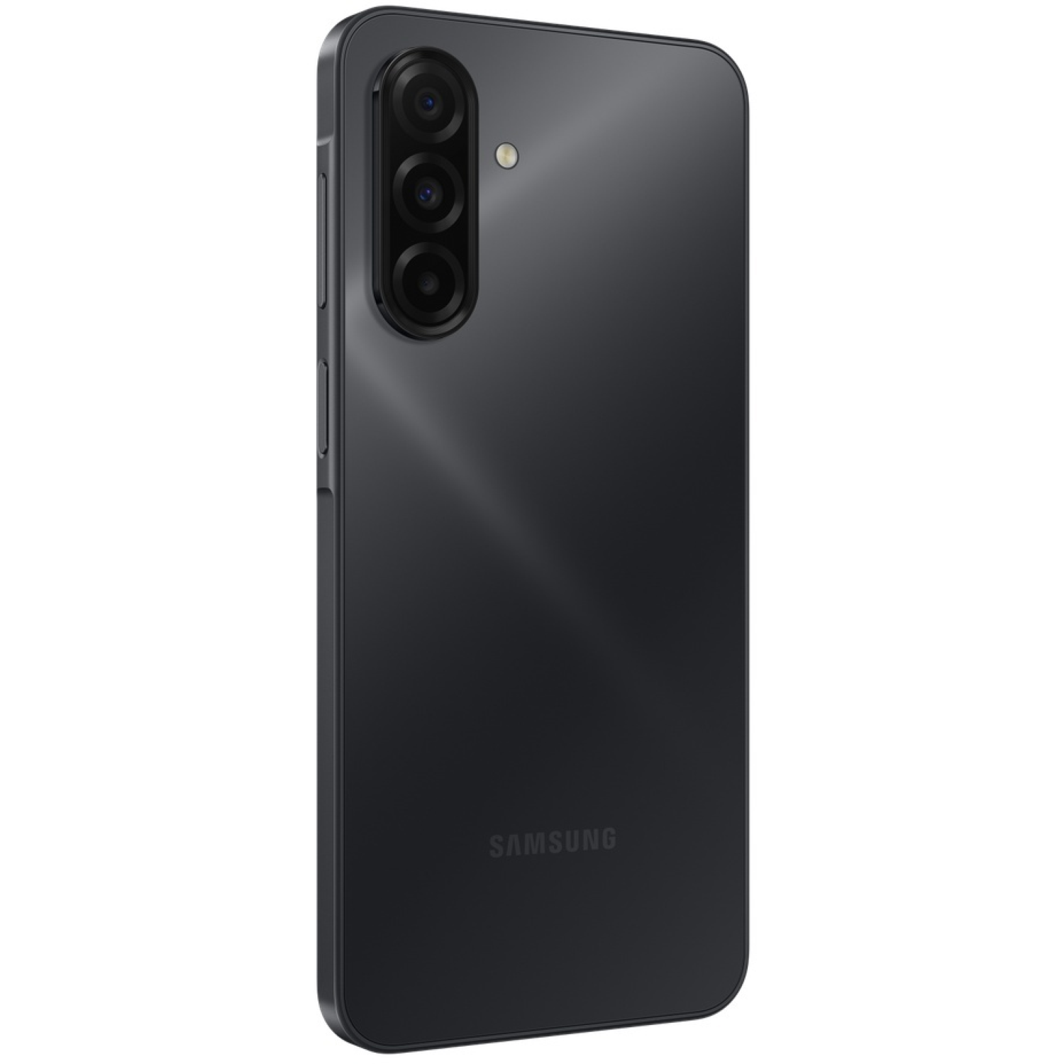 Un smartphone noir avec trois caméras arrière est montré en biais. Le logo Samsung est visible. Le téléphone est sur fond blanc.