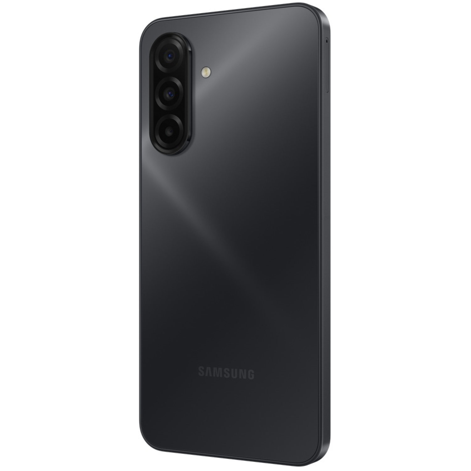 Un smartphone noir avec trois caméras arrière et un logo Samsung. Le téléphone est incliné pour montrer le côté.