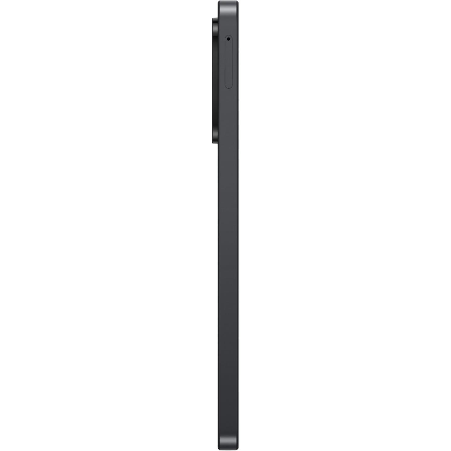 Vue latérale d'une tablette gris foncé. La tablette est fine, avec un fond noir. Le bouton d'alimentation est visible.