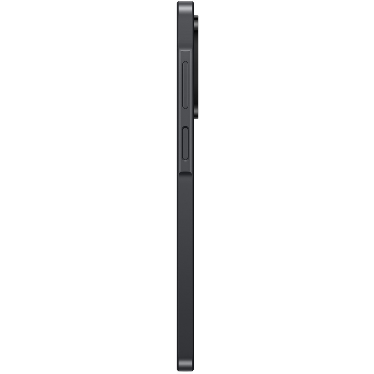 Vue latérale d'un smartphone gris foncé. Boutons de volume et d'alimentation visibles. La caméra est en haut.