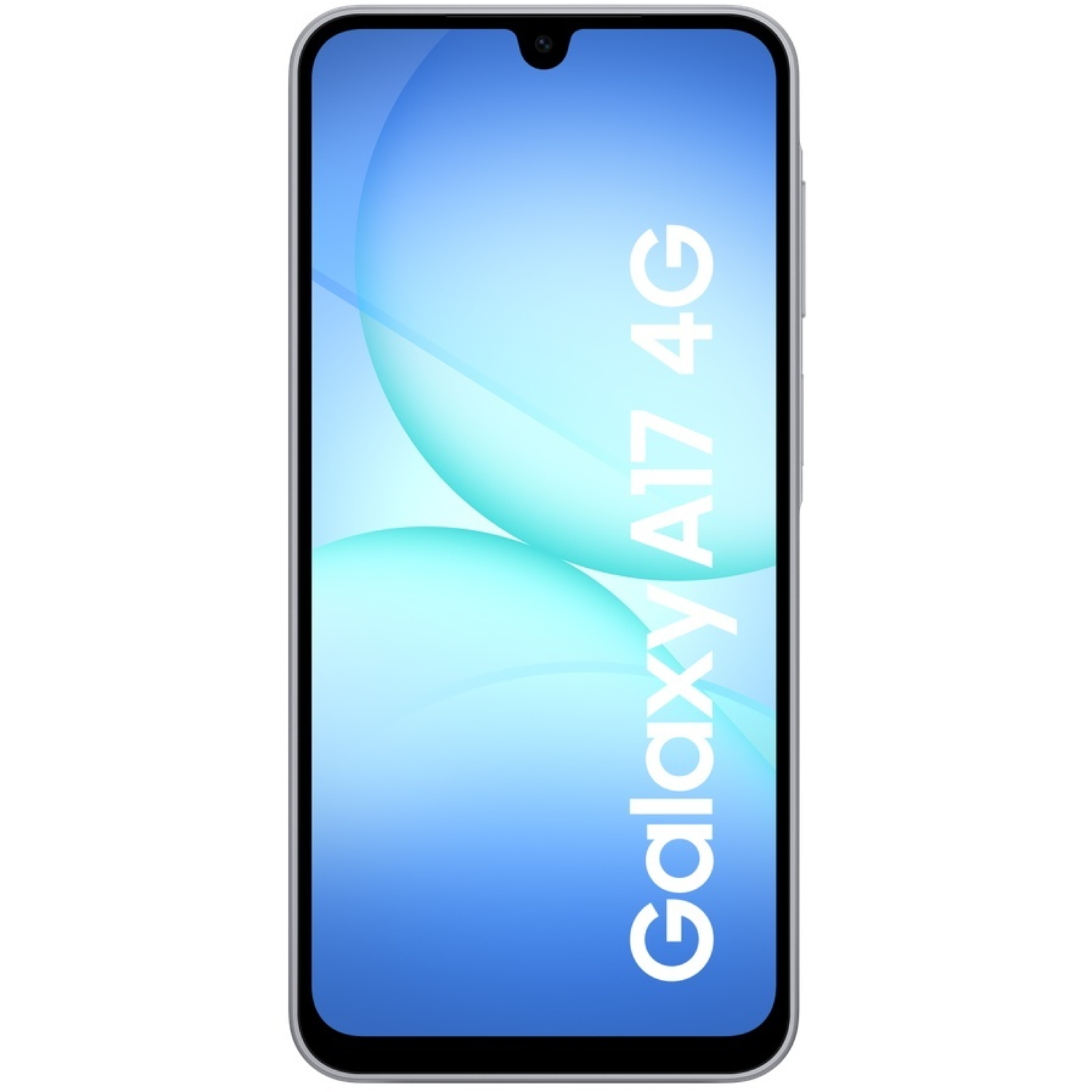 Un smartphone Samsung Galaxy A17 4G. L'écran affiche un dégradé bleu avec du texte blanc.