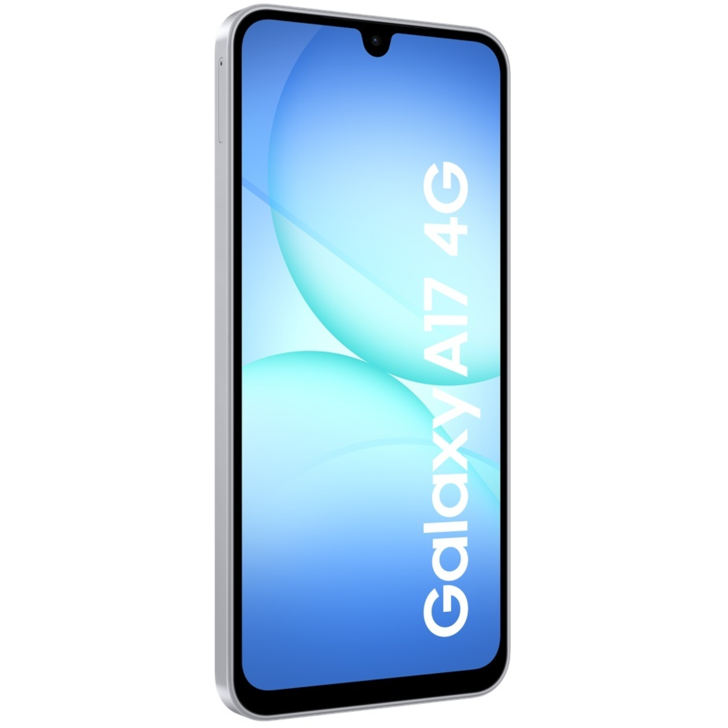 Un smartphone argenté, Galaxy A17 4G, affiche un fond dégradé bleu et blanc. Le téléphone est vu sous un léger angle.