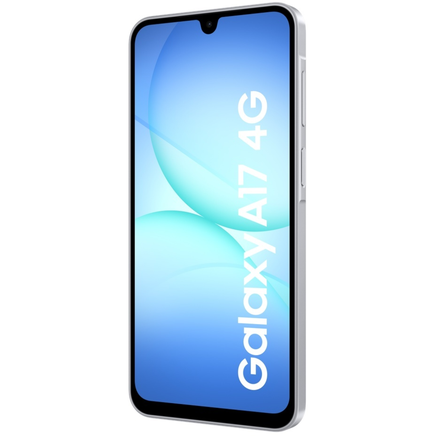 Téléphone argenté Samsung Galaxy A17 4G. L'écran affiche un dégradé bleu avec du texte blanc. Le téléphone est incliné vers la droite.