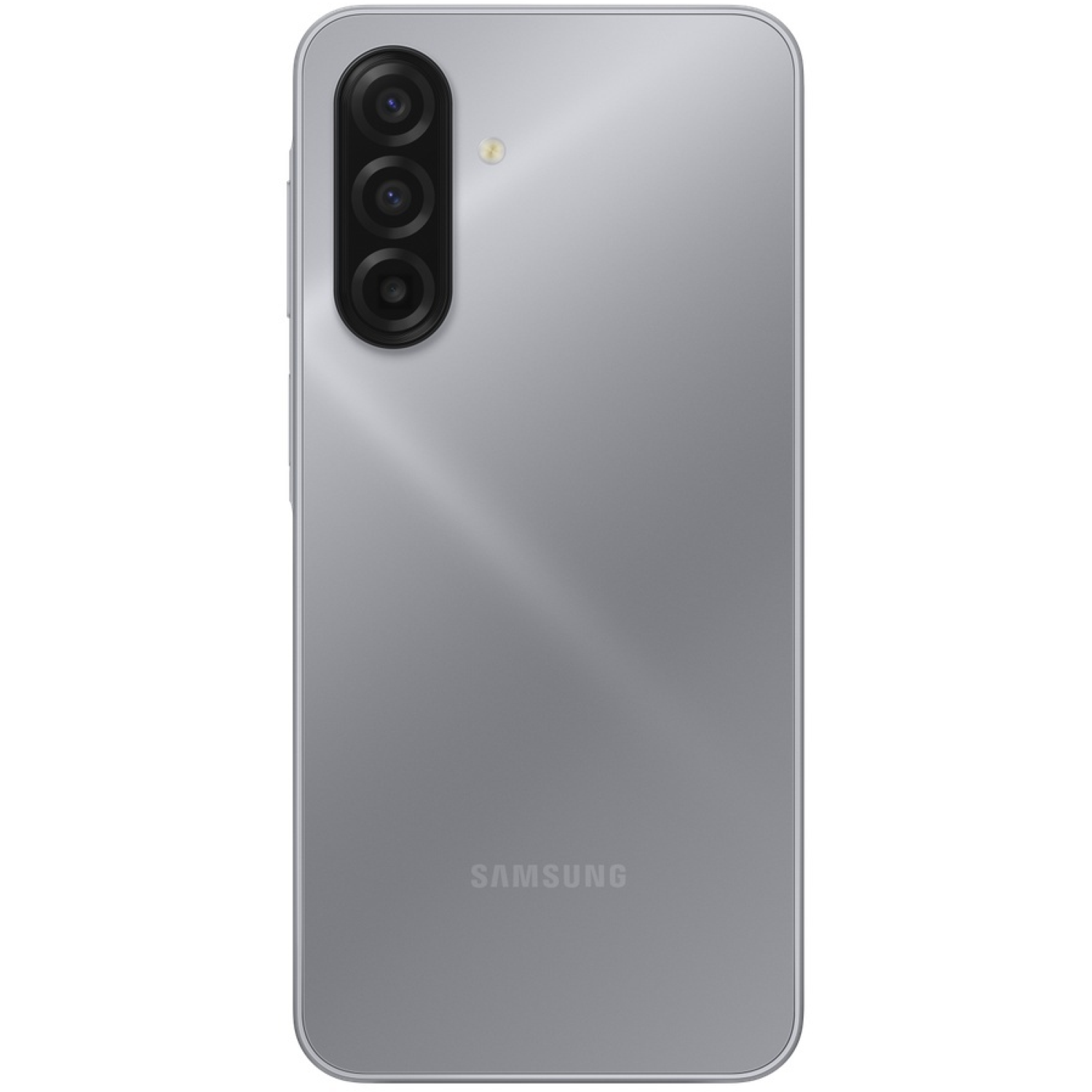 Dos d'un smartphone Samsung argenté. Il possède un appareil photo à trois objectifs, un flash et le logo Samsung. Le téléphone est de couleur argent clair.