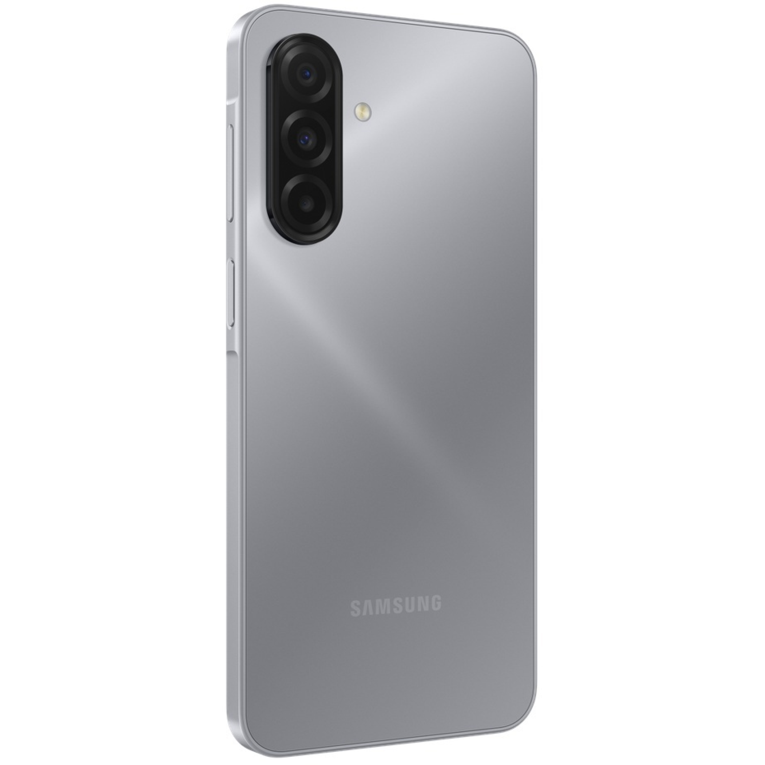 Un téléphone Samsung argenté avec une caméra à trois objectifs. L'arrière est lisse et réfléchissant, la marque est visible. Le téléphone est sur fond blanc.