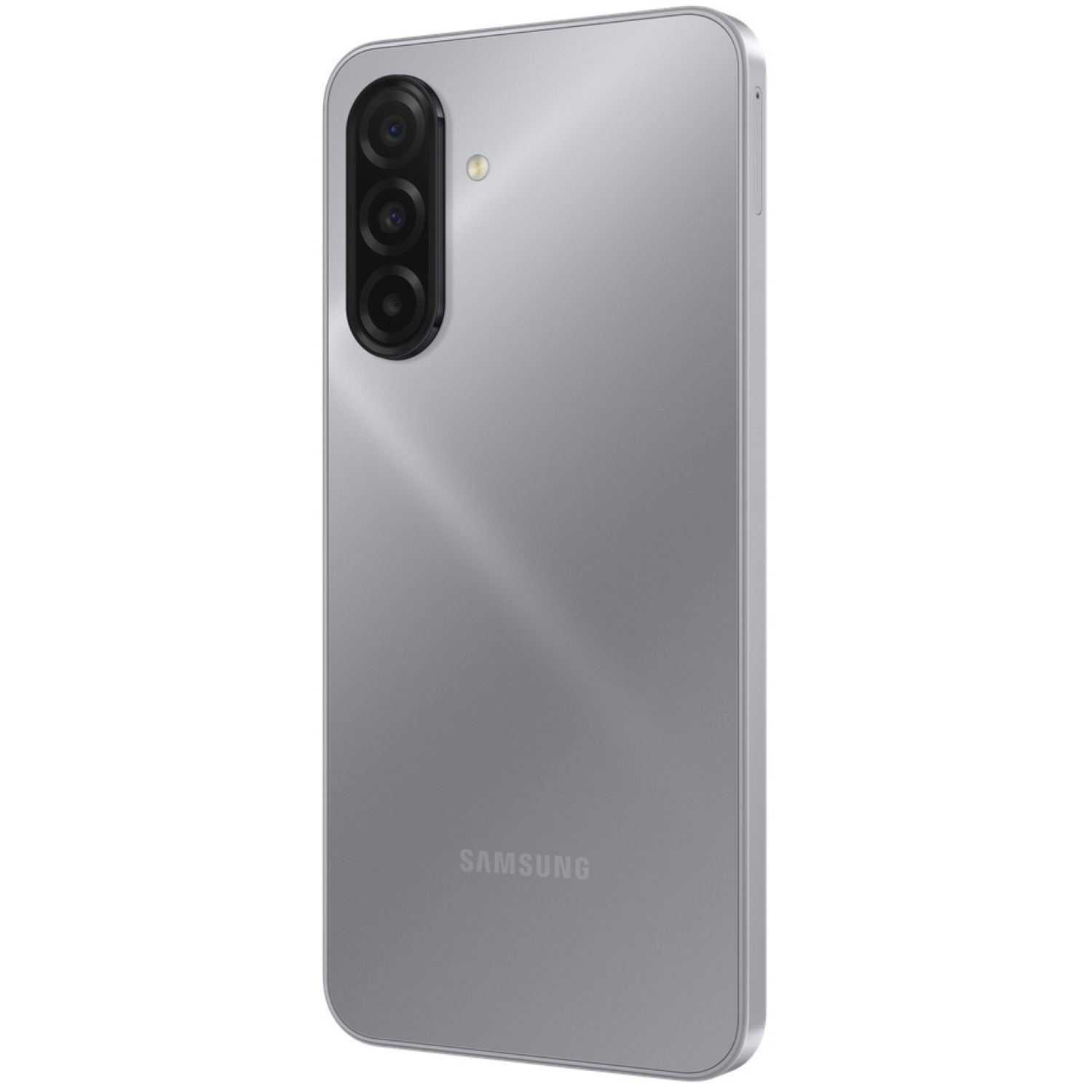 Smartphone argenté avec triple caméra. Logo Samsung visible. Téléphone légèrement incliné, boutons latéraux visibles.