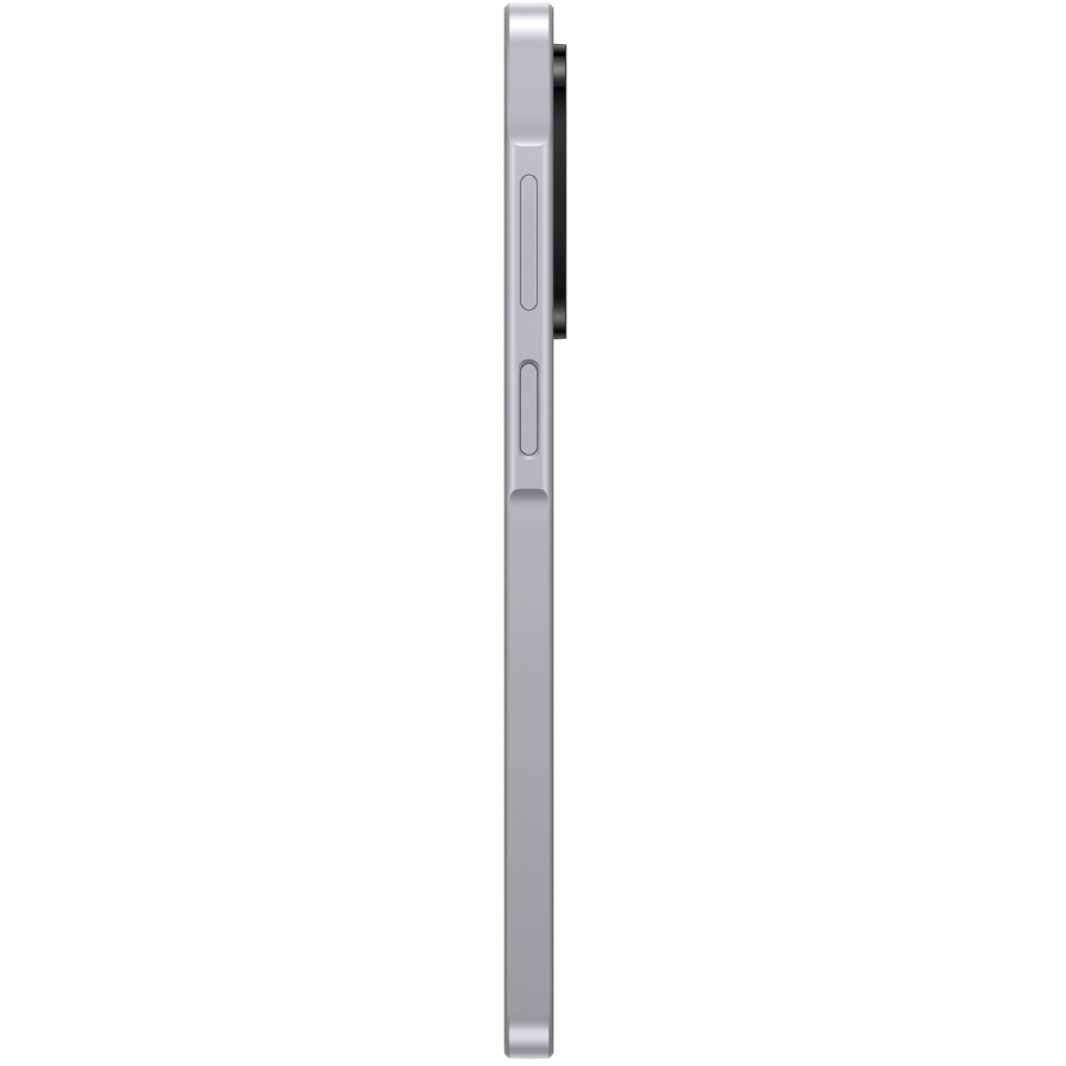Vue latérale d'un smartphone gris clair. Il a des boutons sur le côté et un module caméra noir.