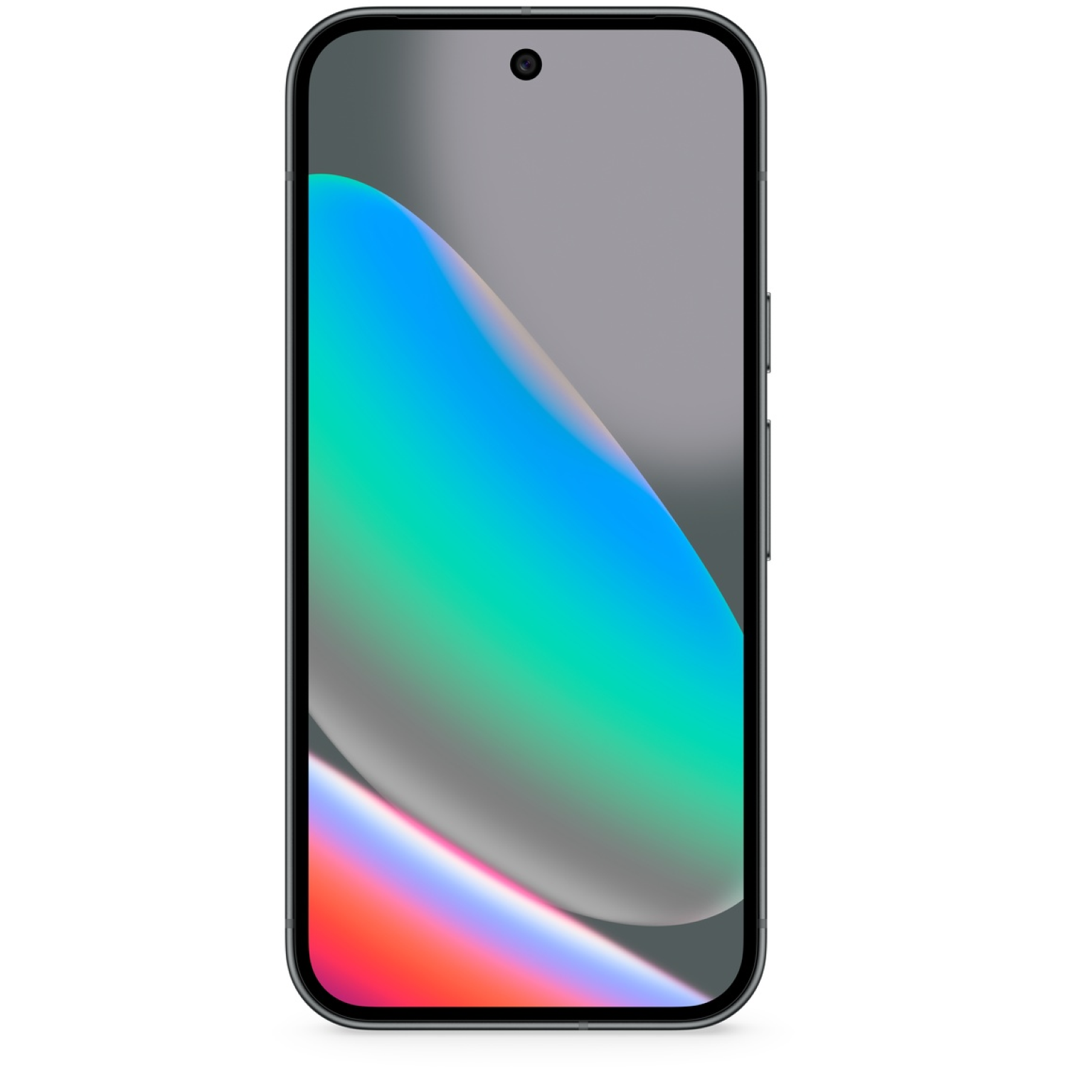 Een zwarte smartphone met een kleurrijk scherm. Het scherm toont een verloop van blauwe, groene en grijze kleuren. Een kleine camera is zichtbaar.