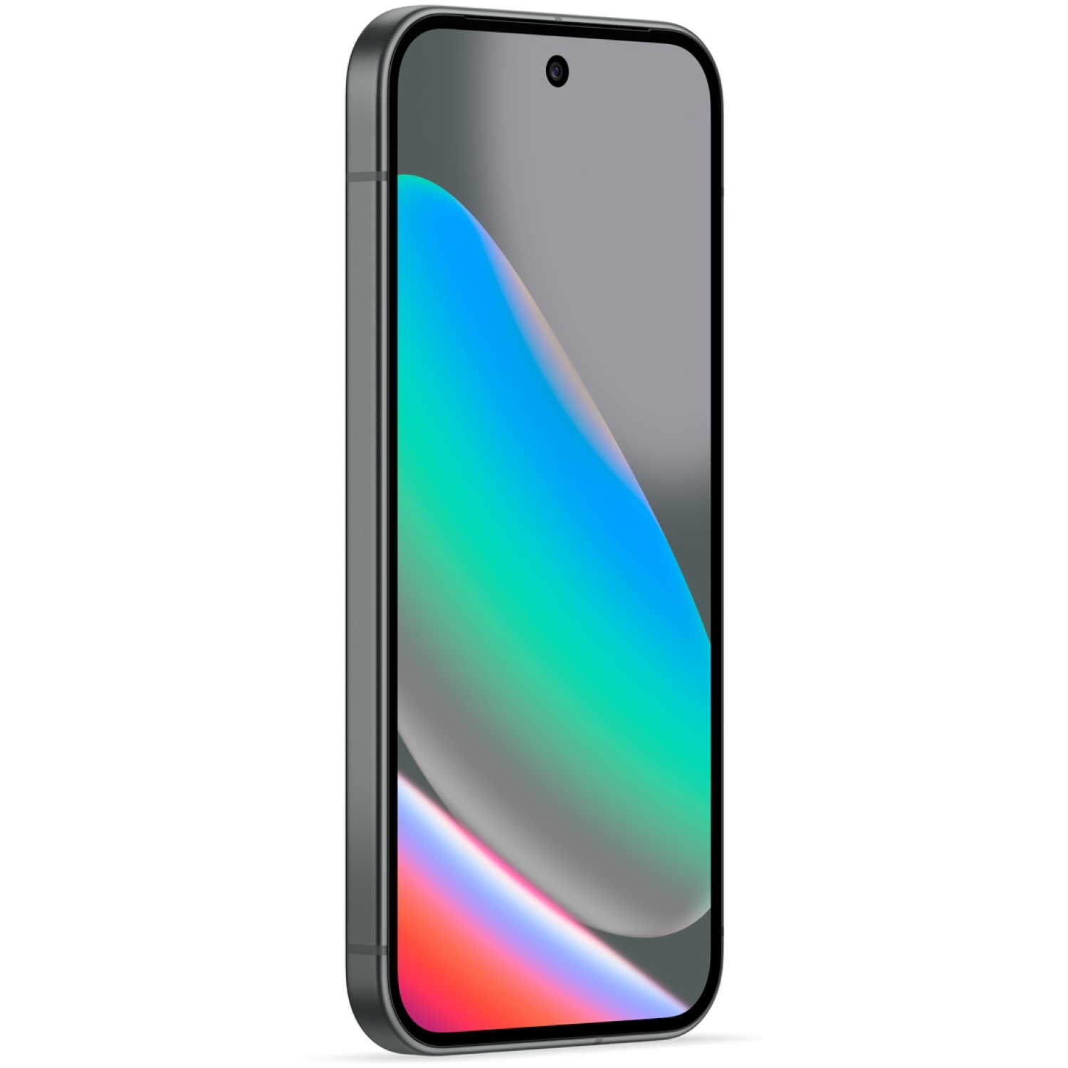 Een smartphone met een grijze rand en een scherm met een kleurrijke gradiënt van blauwe, groene en rode tinten.