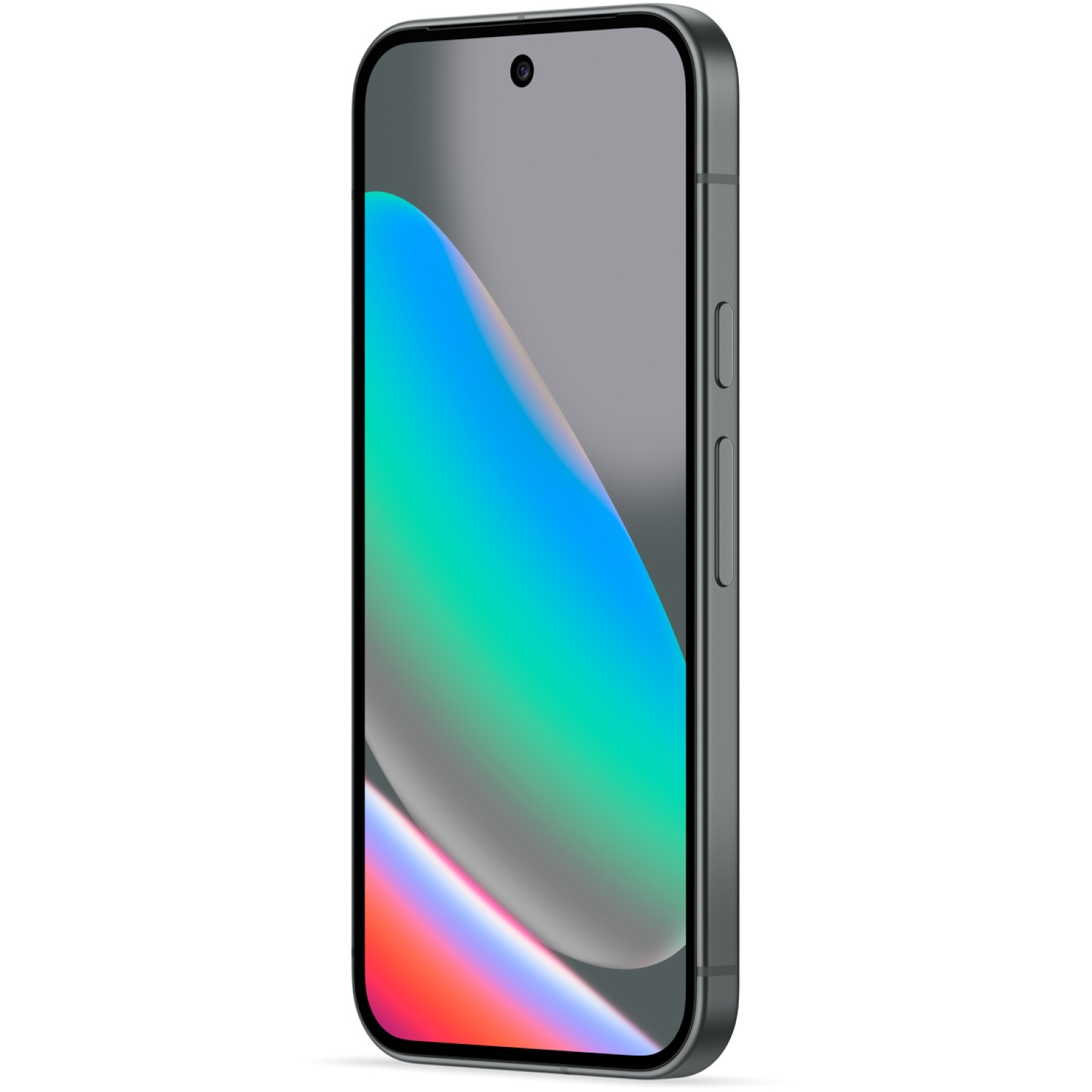 Een donkergrijze smartphone schuin naar rechts, met een kleurrijke gradiëntachtergrond van blauw, groen en rood.